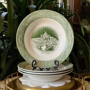 50s Set of 4 Old Curiosity Shop Transferware Royal USA Lantern Rimmed Soup Bowls